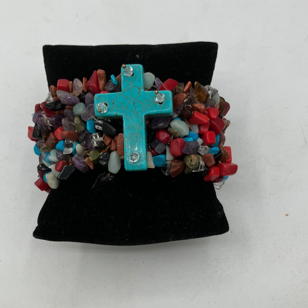 Faux Turquoise Cross Multicolored Chip Stretch Bracelet - Women Jewelry